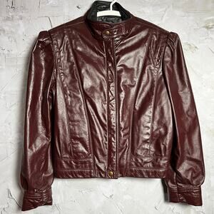 Avant Garde Vintage 90s Heavy Cropped Leather Bomber Jacket Size 16 Burgundy USA